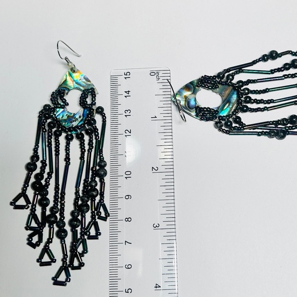Intricate Mother of Pearl, Abalone Shell Aurora Borealis Seed Bead Earrings - Picture 6 of 6